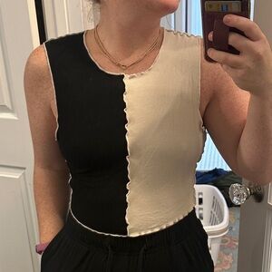 Sleeveless Ribbed Colorblock Tank Top - Black & Cream